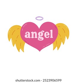 Cute pink cartoon heart with lettering Angel, wings and nimbus in Y2k aesthetic. Retro love symbol from 90s, 00s. Hand drawn simple heart with typography isolated on white. Nostalgia for 1990s vibes.