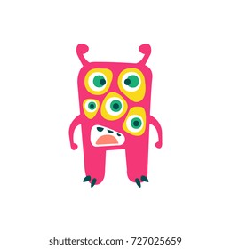 Cute pink cartoon monster, fabulous incredible creature, funny alien vector Illustration