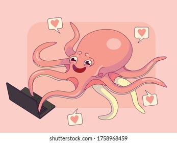 cute pink cartoon octopus with notebook