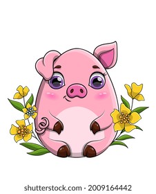 Cute pink cartoon pig sitting amongst yellow spring flowers isolated on white for use as a greeting card or design element, colored cartoon vector illustration