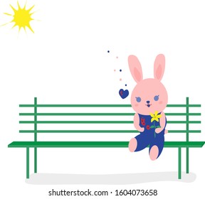 Cute pink cartoon rabbit with a heart sitting on a bench in the sun.White background.Vector illustration for your business
