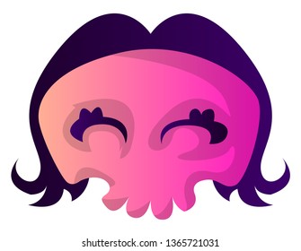 Cute pink cartoon skull with purple hair vector illustartion on white background