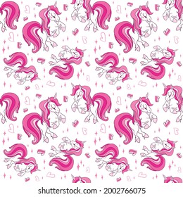 Cute pink cartoon unicorn and hearts on white seamless pattern. Vector illustration for children.