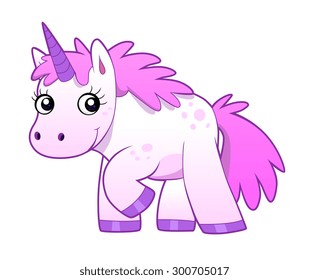 A cute pink cartoon unicorn on the white background.
