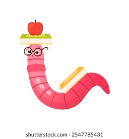 A cute pink cartoon worm balancing an apple next to a colorful dessert. A fun, whimsical illustration