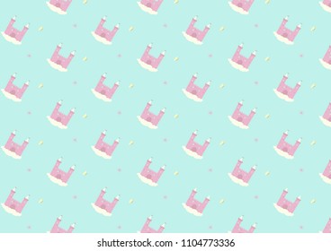 Cute pink castle in the clouds pattern background. Vector illustration cartoon.