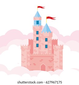 Cute pink castle flat design. Vector illustration.