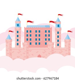 Cute pink castle flat design. Vector illustration.