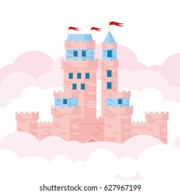 Cute pink castle flat design. Vector illustration.