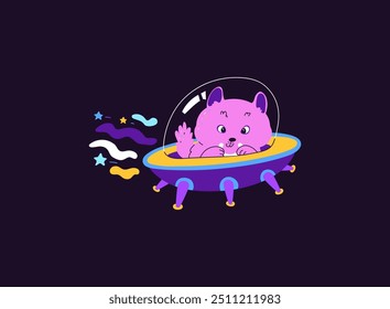 Cute pink cat astronaut flies on UFO spaceship in night sky. Cartoon kitten cosmonaut in space shuttle. Funny feline pet fantasy cosmic adventure kids vector flat illustration