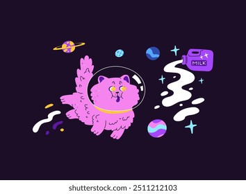 Cute pink cat astronaut and spilled milk in space. Cartoon kitten cosmonaut flying in night sky with stars and planets. Funny pet in spacesuit helmet, cosmic fantasy adventure vector flat illustration