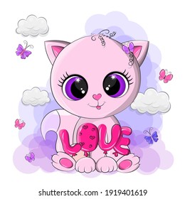 Cute pink cat, with big loving eyes. The clip art cat has the inscription love near its paws. The pet smiles and shows that he is in love. The cat is made in a kawaii style.