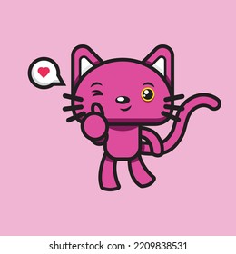 Cute Pink Cat Cartoon With Face Expressions Thumbs Up