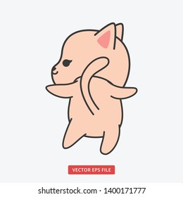 Cute pink cat character dancing with his back and tail