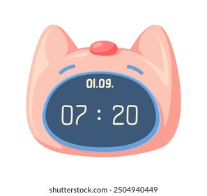 Cute pink cat clock alarm. Kitty head clock in cartoon style. Aesthetic clock with a funny animal to wake the kids up for school. Vector hand-drawn illustration isolated on a white background.