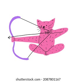 Cute pink cat cupid with bow and arrow. Valentine's day animal character. Vector illustration in flat style
