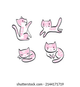 Cute pink cat in different poses play run sleep sit vector illustration set isolated on white. Childish felt pen hand drawn whimsy kitten print collection for kids fabric.