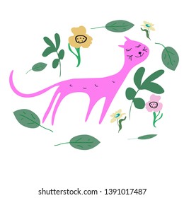 Cute pink cat with flowers, childish motive, card or poster template