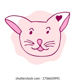 Cute pink cat with heart in doodle style isolated on white background. Vector stock illustration. Hand drawing line art image. Design concept for cat cafe, children print.