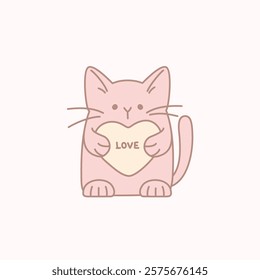 Cute pink cat  with heart vector illustration. Valentines day postcard print