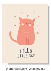 A cute pink cat with hearts is featured on a greeting card with a Hello Little One message