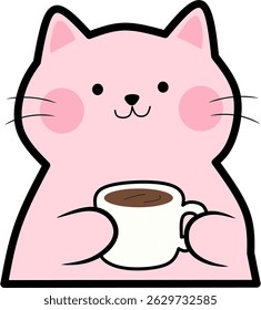 Cute pink cat holding a coffee mug, cheerful cartoon vector with soft colors, perfect for fun and cozy designs.