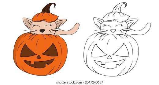 A cute pink cat inside a scary pumpkin illustration, Halloween symbol vector illustration isolated in a white background