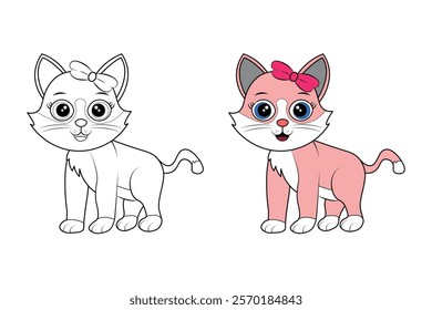 A Cute Pink Cat isolated black and white outline with colour guide for coloring book