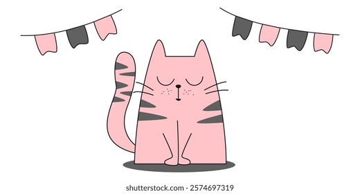 Cute pink cat isolated on white background with party flags. Minimalist hand drawn cartoon character. Sleeping kitten pet. Celebration animal concept. Flat style vector illustration.