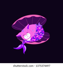 Cute pink cat mermaid sleeping in shell