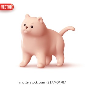 Cute pink cat. Realistic 3d design element In plastic cartoon style. Icon isolated on white background. Vector illustration