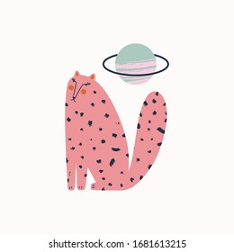 Cute pink cat and Saturn illustration in vector. Cartoon doodle style. Space animal concept.