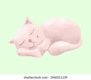 Cute pink cat is sleeping. Vector illustration, design for banner, sticker and greeting card. Watercolor style