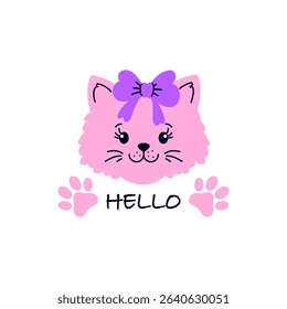 Cute pink cat wearing a purple bow on its head on white background.