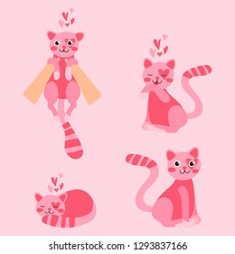 Cute pink cats set on white background vector illustration hand draw desing