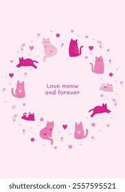 Cute pink cats surrounded by flowers and hearts on pink background