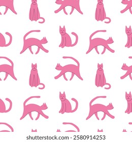 Cute pink cats vector seamless pattern. Flat style cats on white background