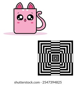 Linda taza en forma de gato rosa con una ilustración de cara feliz y un patrón de ilusión óptica geométrica en blanco y negro