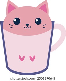 Cute pink cat-shaped tea mug with steam - perfect for cozy fall mornings or as a whimsical kitchen decor. Adorable cartoon illustration isolated on white background.