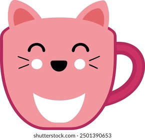 Cute pink cat-shaped tea mug with steam - perfect for cozy fall mornings or as a whimsical kitchen decor. Adorable cartoon illustration isolated on white background.