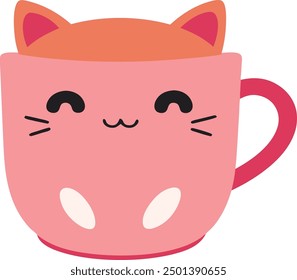 Cute pink cat-shaped tea mug with steam - perfect for cozy fall mornings or as a whimsical kitchen decor. Adorable cartoon illustration isolated on white background.