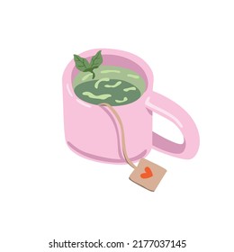 Cute pink ceramic cup of green tea bag with mint. Hand drawn colored trendy Vector isolated illustration. Cartoon style. Flat design. Print, poster, social media icon template for your own design