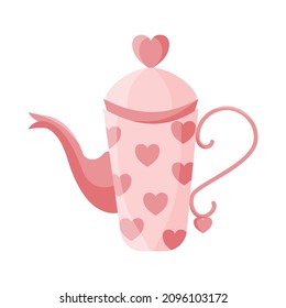 Cute pink ceramic teapot with hearts. A piece of cookware highlighted on a white background. Hand-drawn flat vector illustration.