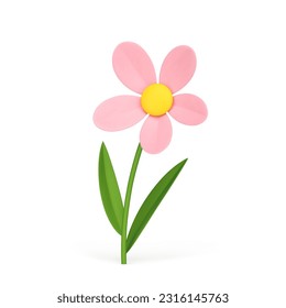 Cute pink chamomile romantic beauty organic fresh natural flower elegant decor element 3d icon realistic vector illustration. Floral botanical blossom girlish feminine floristic composition design