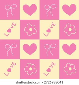 Lindo patrón de tablero de ajedrez rosa con corazones y arcos	
