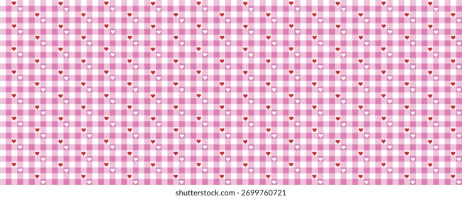 Lindo rosa a cuadros gingham o Vichy patrón sin fisuras con corazones. Paño de picnic, sábana, mantel o textura de servilleta. Cruzó las líneas pares. Estampado estético minimalista. Ilustración vectorial.