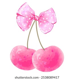 Cerejas rosas bonitas com um arco de bolinhas. Ilustração em aquarela vetorial