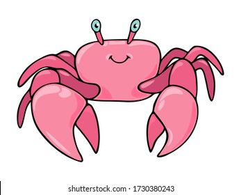 Cute pink childish cartoon black outline sea crab isolated on a white background. Underwater creature vector illustration.