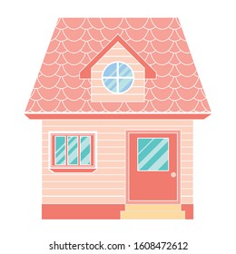 A cute pink children's house for a girl. Children's toy cute house. Background of the house. House with lawn and path. Family home. Flat design vector concept illustration