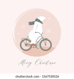 Cute pink christmas illustration. Magic bear rides a bicycle in winter
